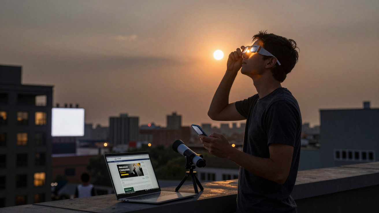 Jovem observa o eclipse solar com óculos adequados numa cobertura, com laptop e telescópio ao pôr do sol.