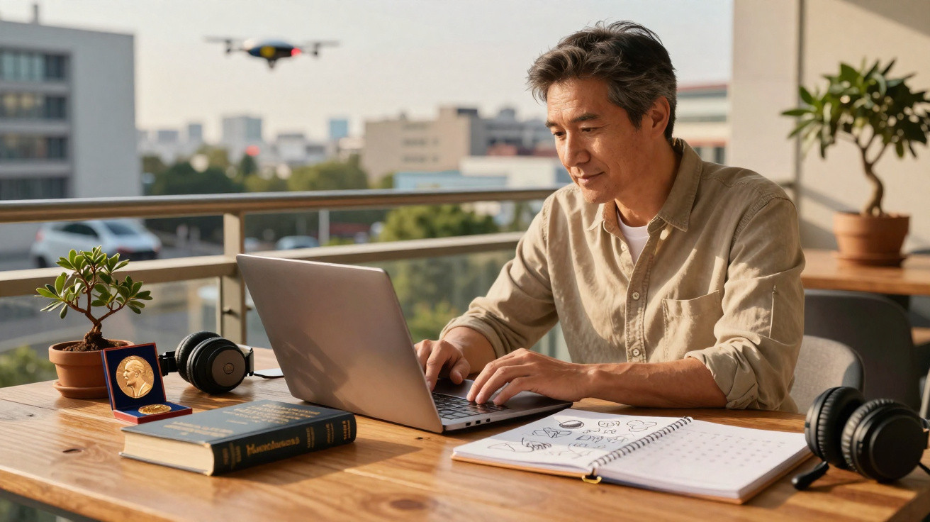 Homem a trabalhar num portátil numa varanda com livros, caderno, headphones e um drone a voar ao fundo.
