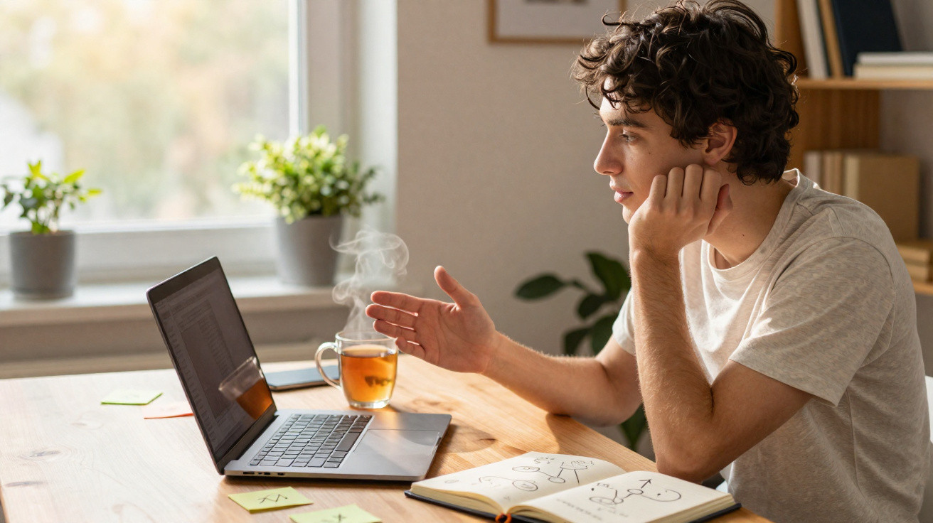 Homem jovem sentado à mesa a falar pelo computador portátil com chá quente ao lado e caderno aberto.