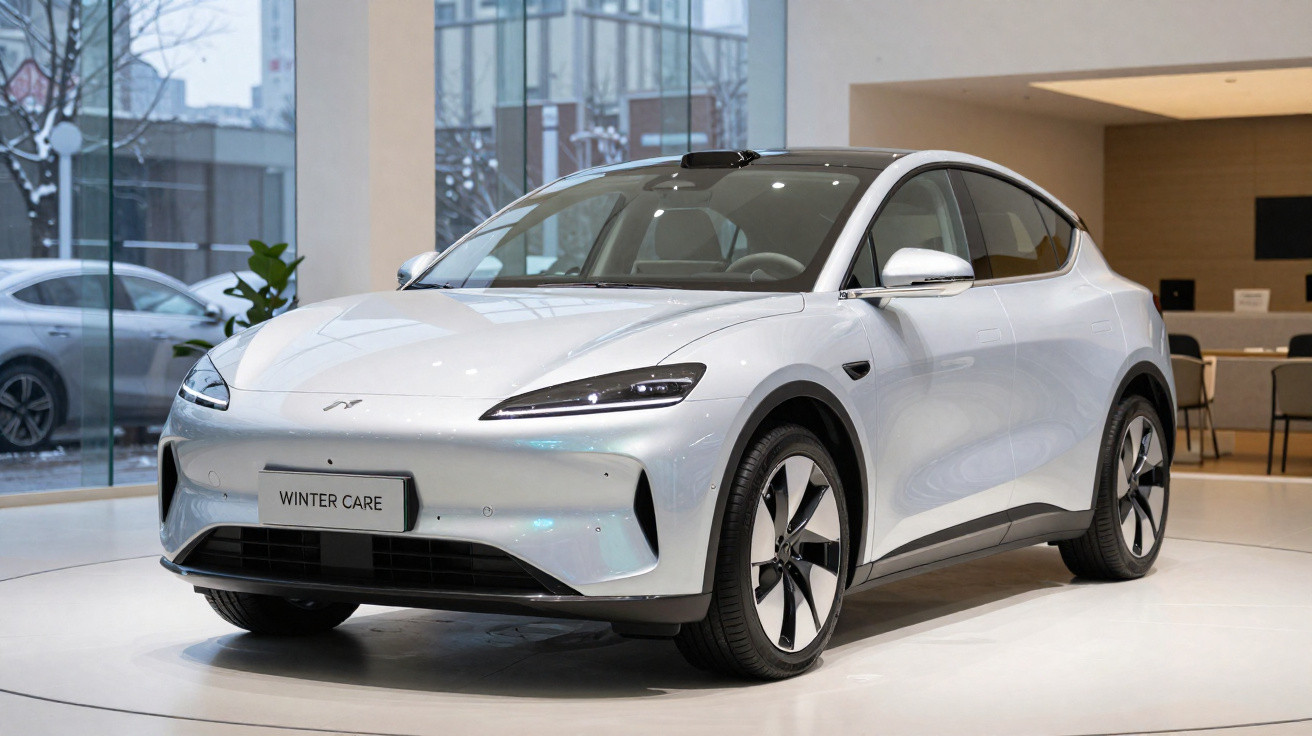 Carro eléctrico branco moderno em exposição numa sala com grandes janelas e piso branco.