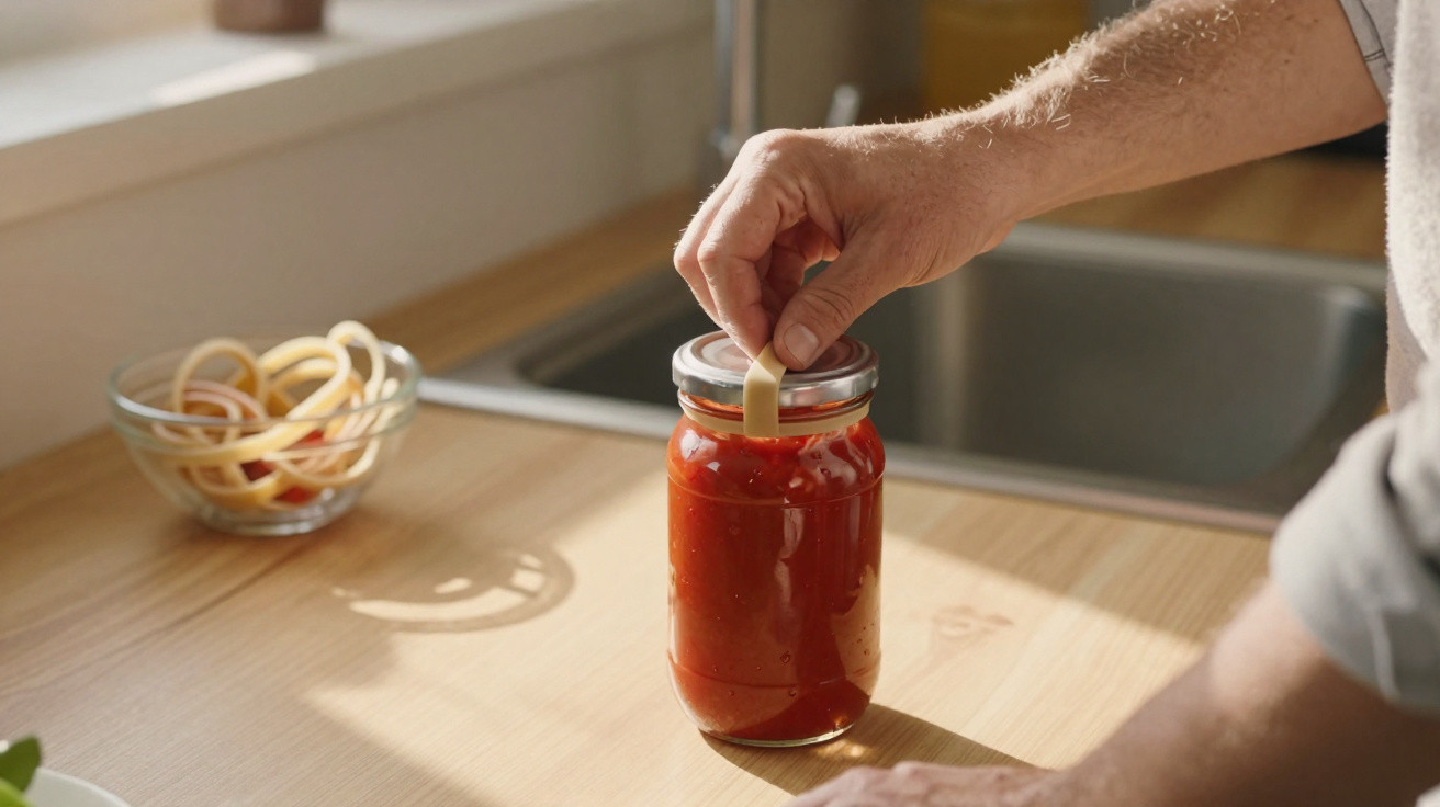 Pessoa a abrir um frasco de molho de tomate na cozinha com luz solar natural.