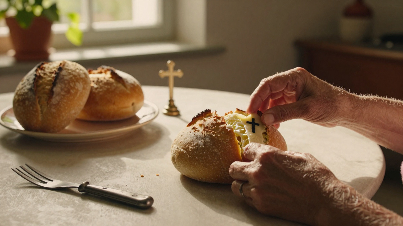Mãos de idoso a colocar um pequeno crucifixo em pão partido, com pão e um crucifixo em fundo desfocado.