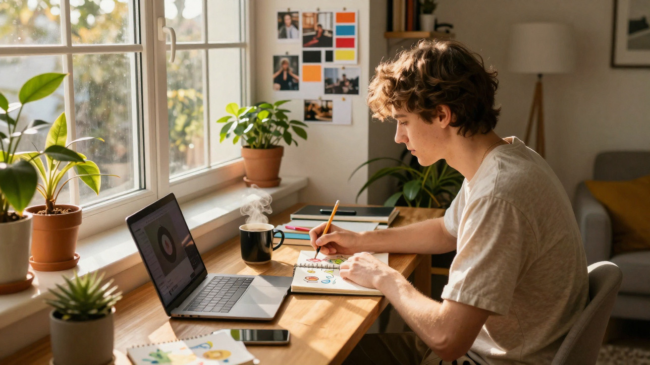 Jovem a desenhar num caderno junto a um computador portátil, com plantas e chá numa mesa iluminada pela luz natural.