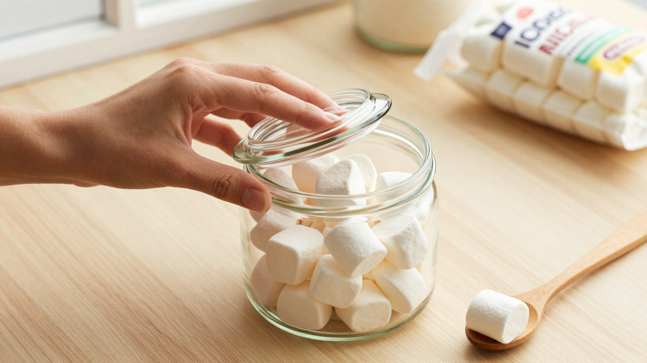 Mão feminina a abrir frasco de vidro com marshmallows brancos sobre superfície de madeira clara.