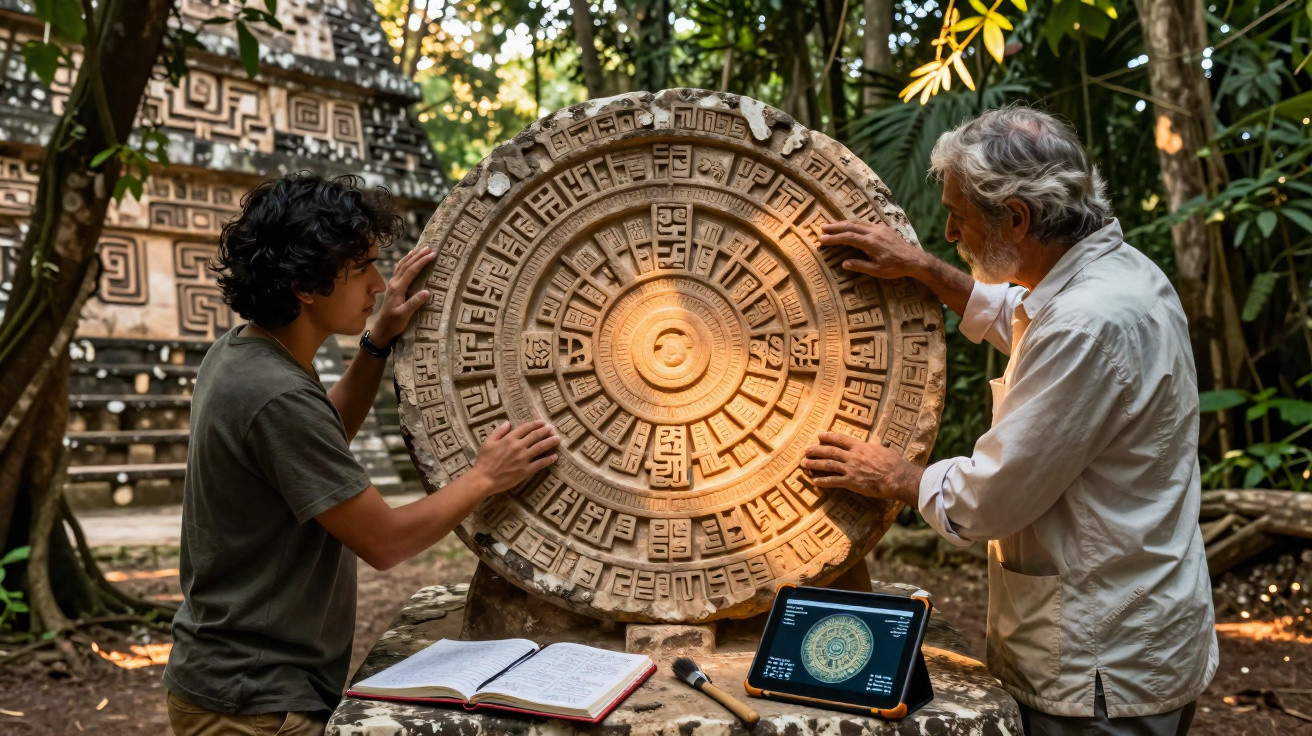 Dois homens estudam uma escultura circular com inscrições antigas ao ar livre, com caderno e tablet à frente.
