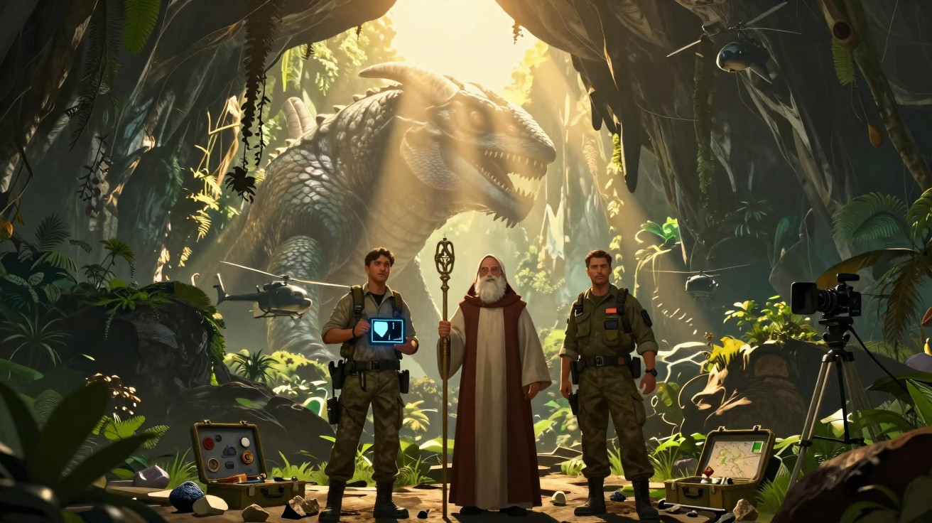 Três homens, dois soldados e um mago, numa caverna com luz solar e um dinossauro gigante ao fundo.