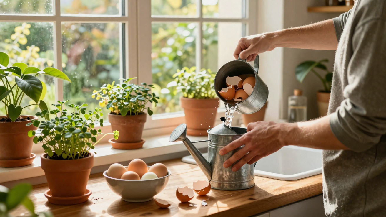 Pessoa a despejar cascas de ovos numa regadora de metal numa cozinha com plantas numa janela.