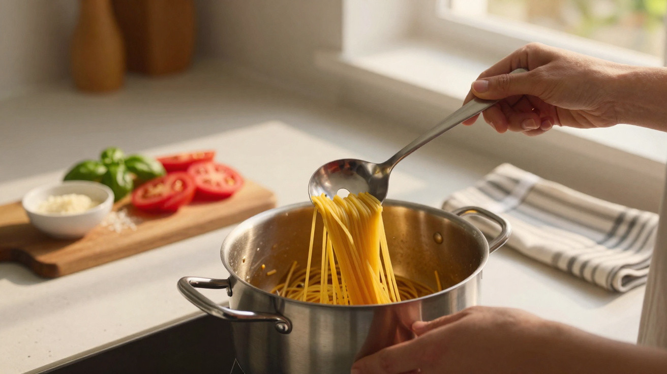 Mãos a levantar esparguete cozido de uma panela de inox na cozinha com tomates e manjericão ao fundo.