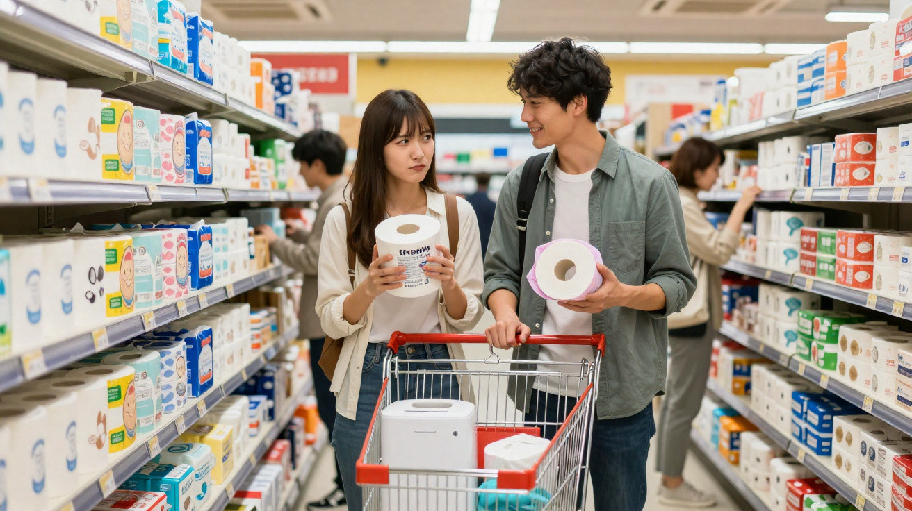 Casal jovem a escolher papel higiénico num corredor de supermercado, com carrinho de compras.