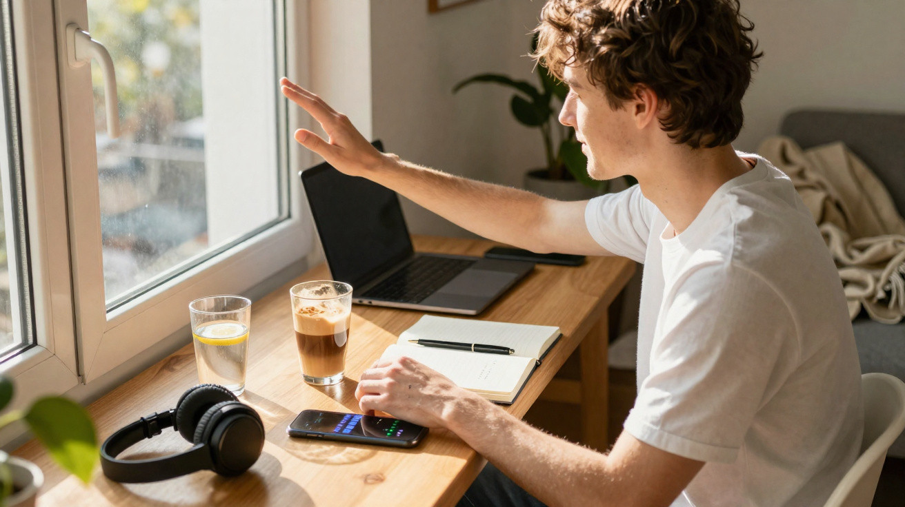 Jovem sentado numa mesa junto à janela, com portátil, telemóvel, caderno e bebidas à sua frente.