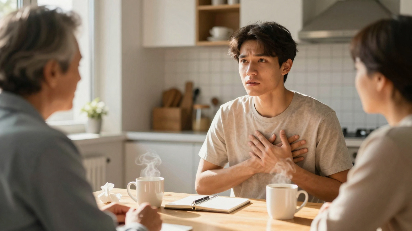 Jovem a conversar com duas pessoas numa cozinha, segurando o peito com expressão preocupada.