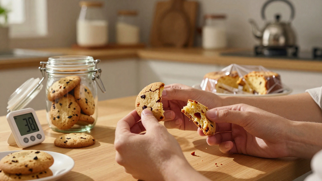 Mãos a partir um biscoito de chocolate à mesa com jarro de biscoitos, cronómetro e bolo ao fundo.