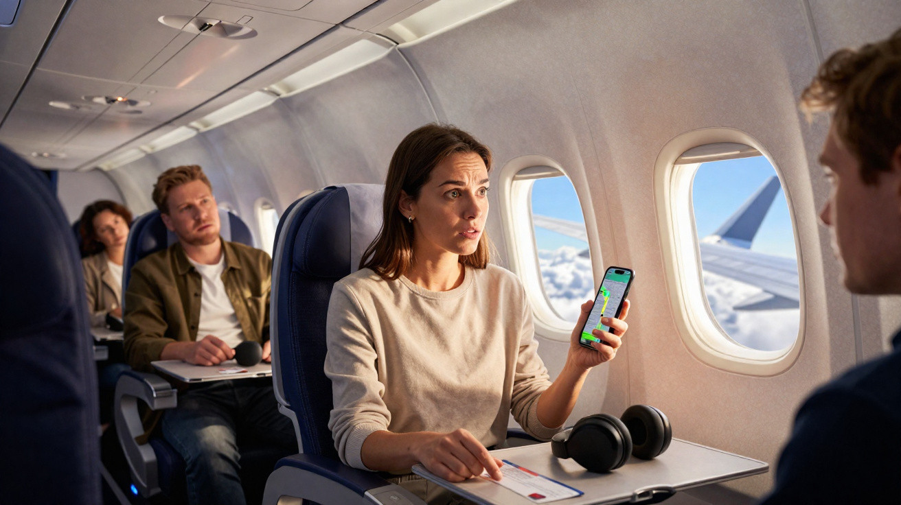 Passageira num avião a falar com outra pessoa segurando um telemóvel com mapa de voo na tela.