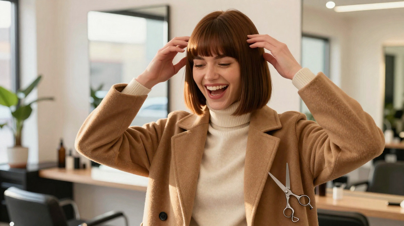 Mulher sorridente num salão de cabeleireiro com cabelo curto e casaco castanho.