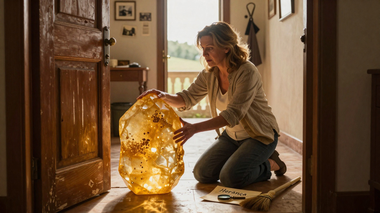 Mulher ajoelhada segurando objeto luminoso amarelo em corredor iluminado, com envelope "Herança" e vassoura ao lado.