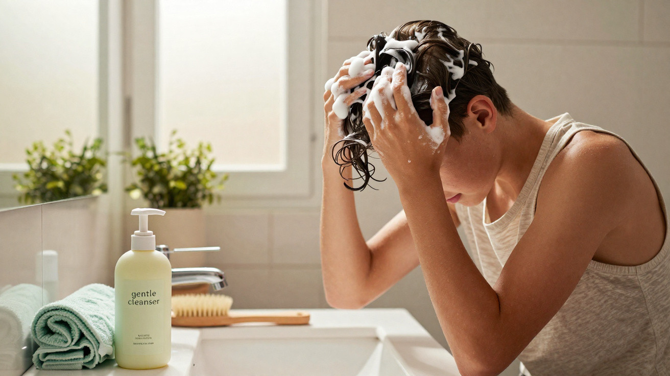 Rapaz a lavar o cabelo com champô na casa de banho, ao lado de toalhas e frasco de produto de limpeza suave.