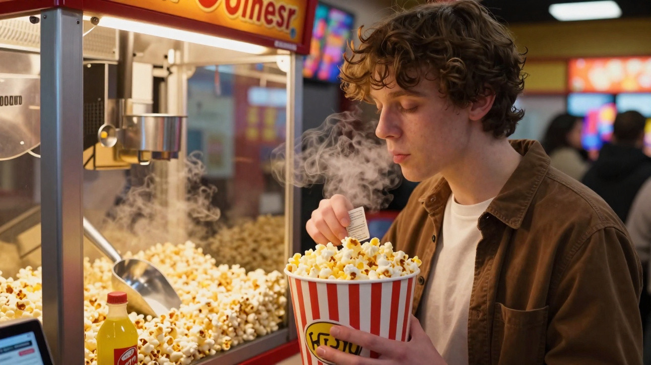 Jovem a segurando um balde grande de pipoca quente num cinema, prestes a comer.