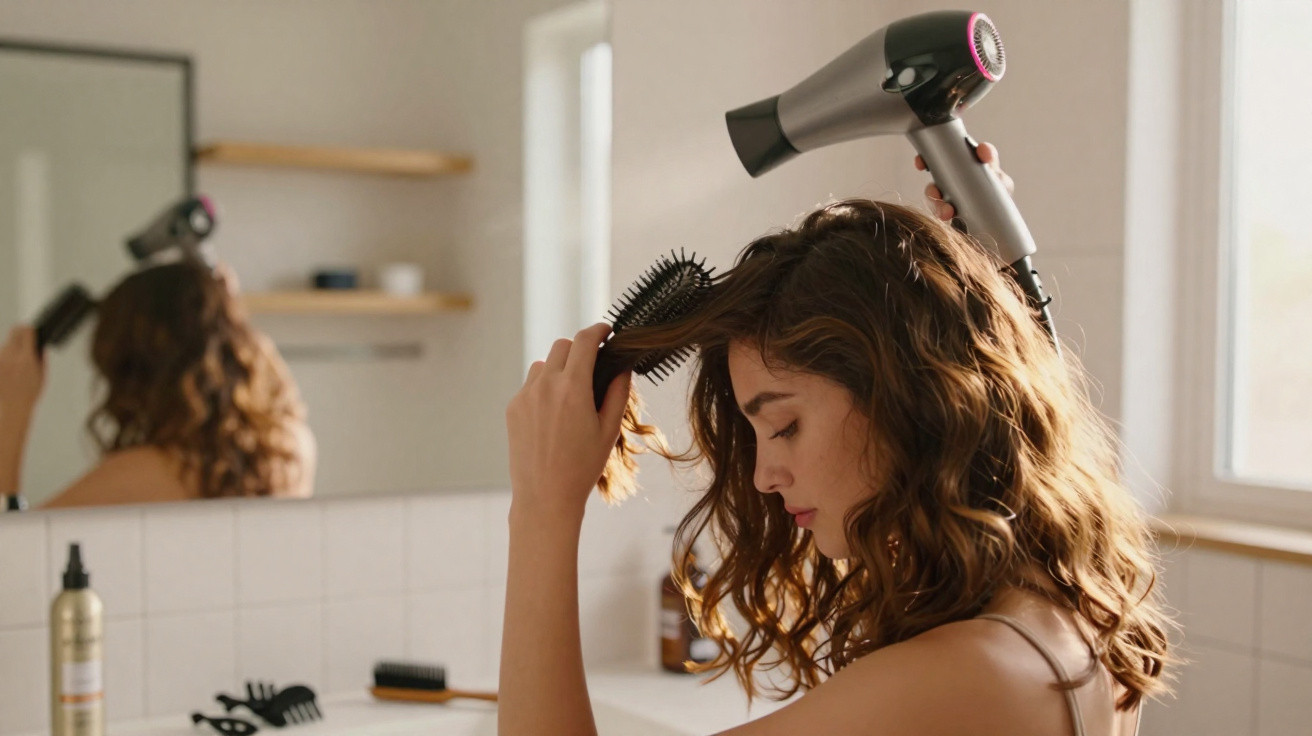 Mulher a secar e pentear o cabelo com secador e escova perto de uma janela numa casa de banho.