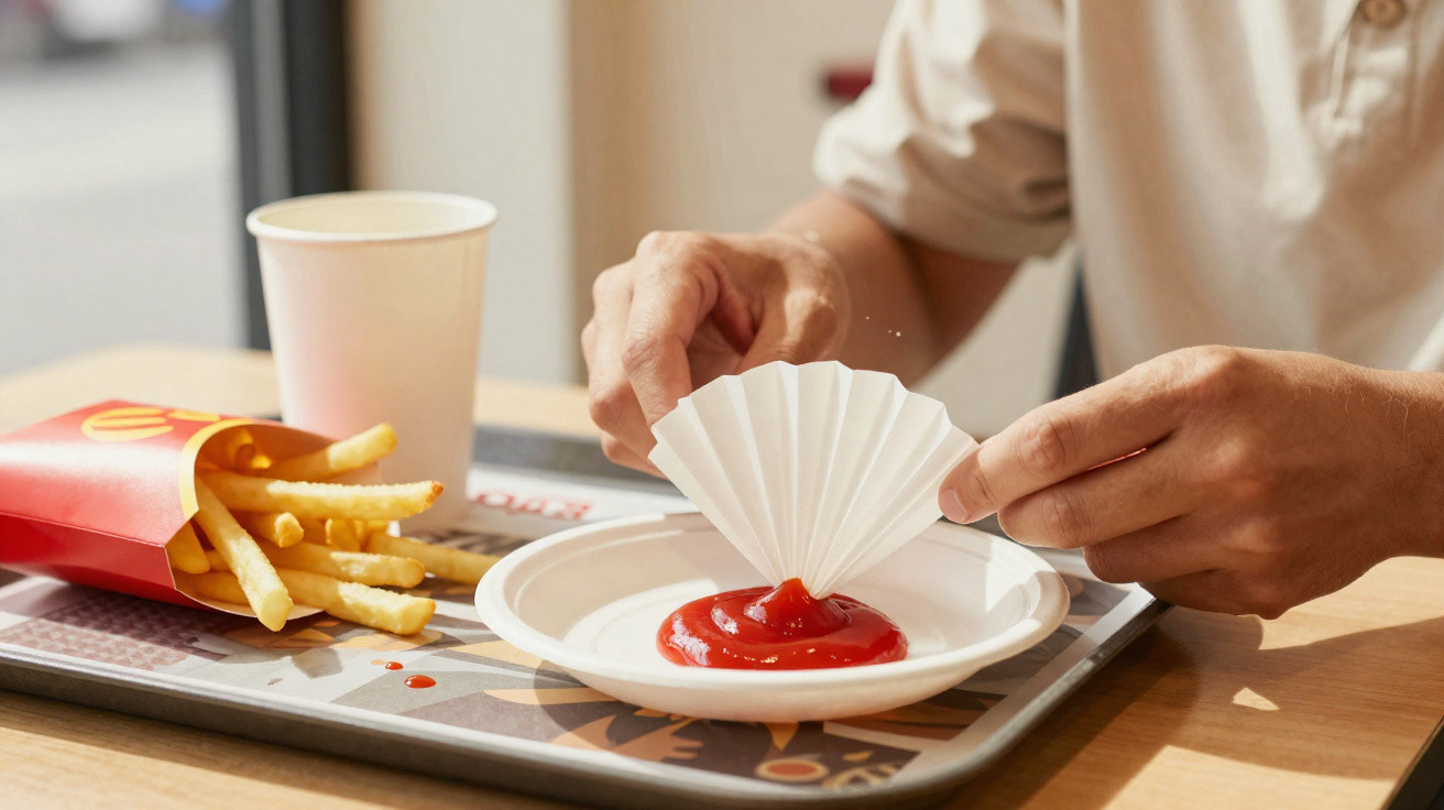 Pessoa usando um prendedor de papel branco para apanhar ketchup numa folha de papel num prato com batatas fritas.