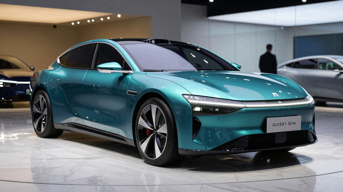 Carro elétrico moderno verde azulado estacionado em ambiente interior com pavimento branco brilhante.