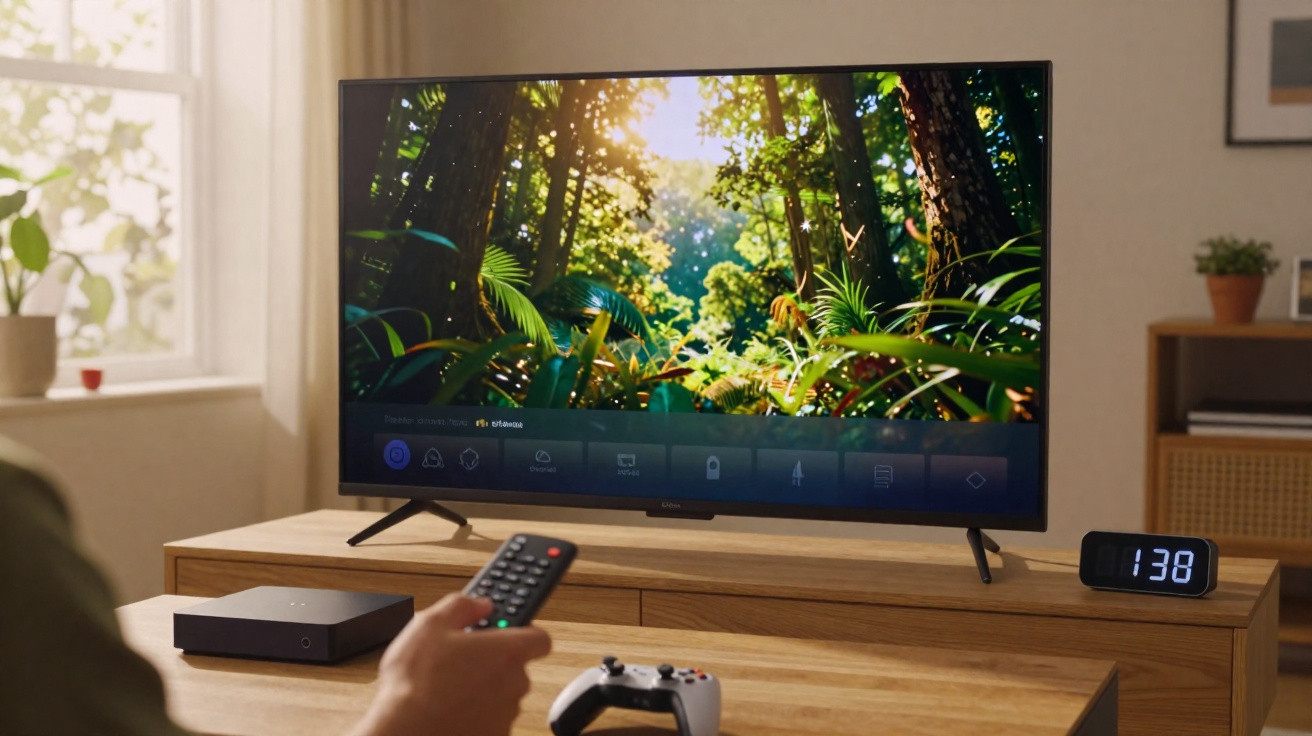 Televisor com imagem de floresta iluminada e controlo remoto numa sala moderna e bem iluminada.