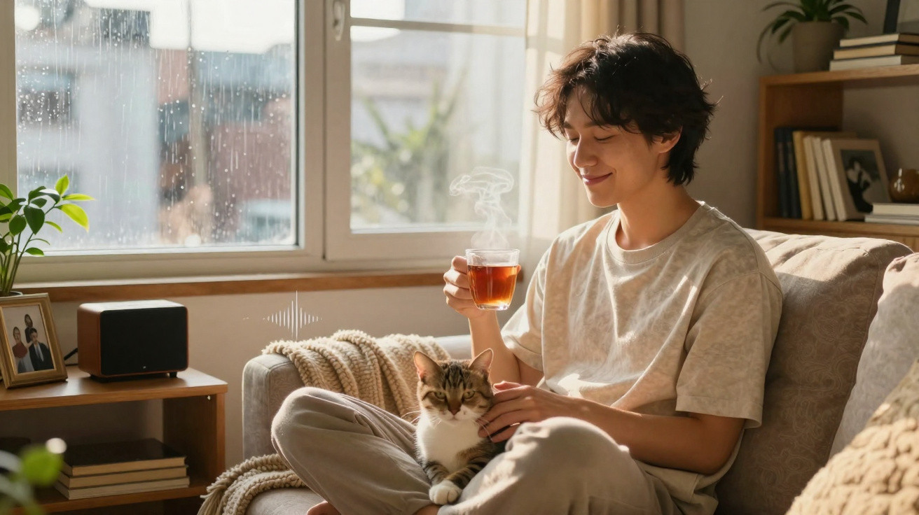 Pessoa sentada no sofá a beber chá quente e a acariciar um gato, num ambiente acolhedor e luminoso.