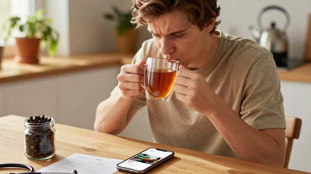 Jovem a cheirar chá quente numa caneca de vidro numa cozinha com mesa de madeira.