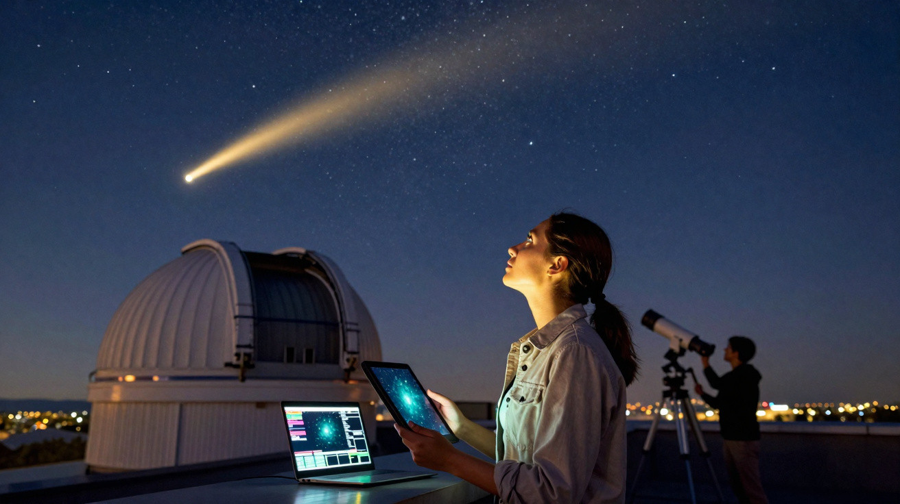 Mulher observa com tablet fenómeno celeste enquanto um cometa passa no céu estrelado junto a observatório e telescópio.